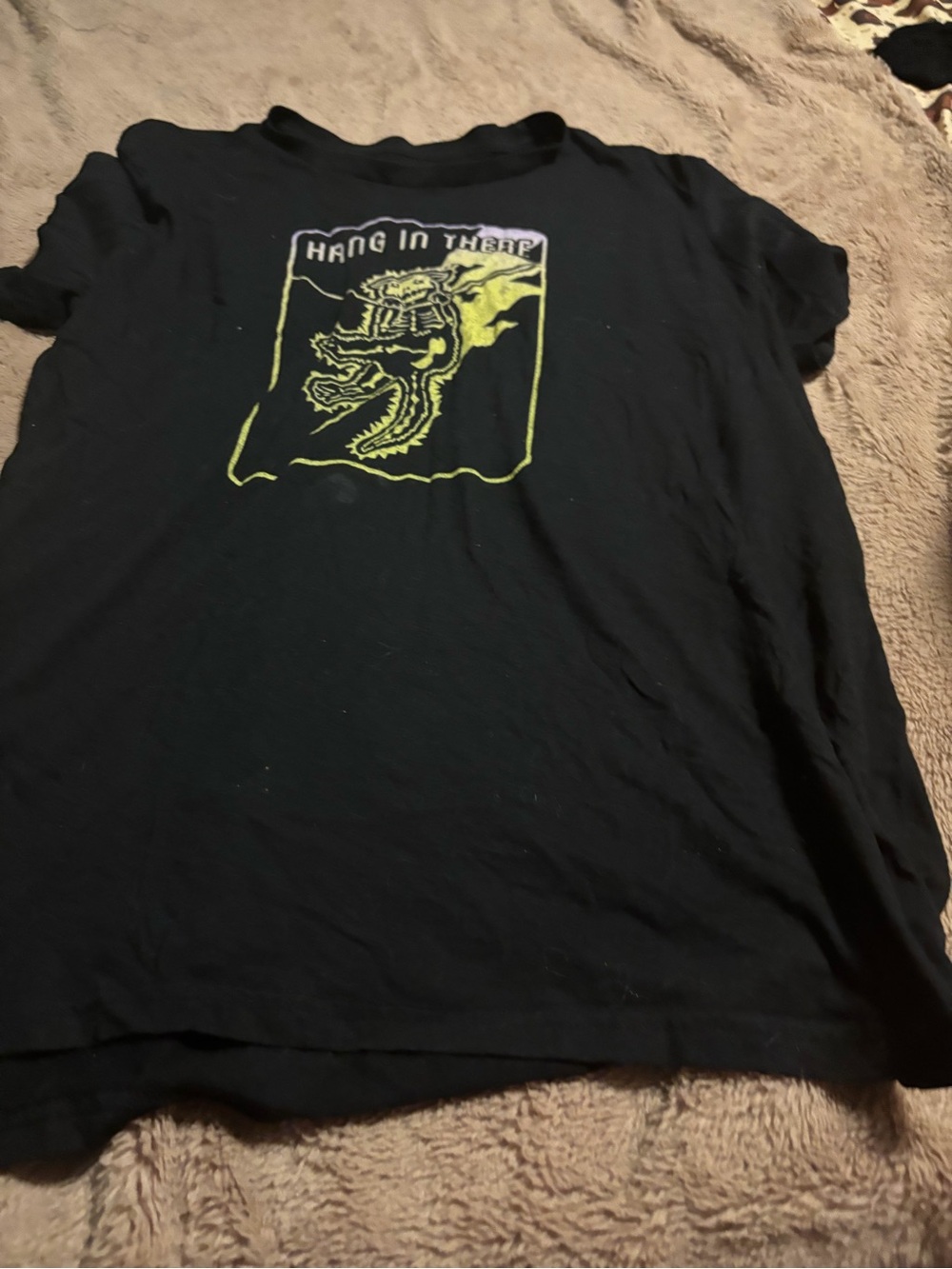 Black Graphic Tee with Yellow Dragon 'Hang in There'
